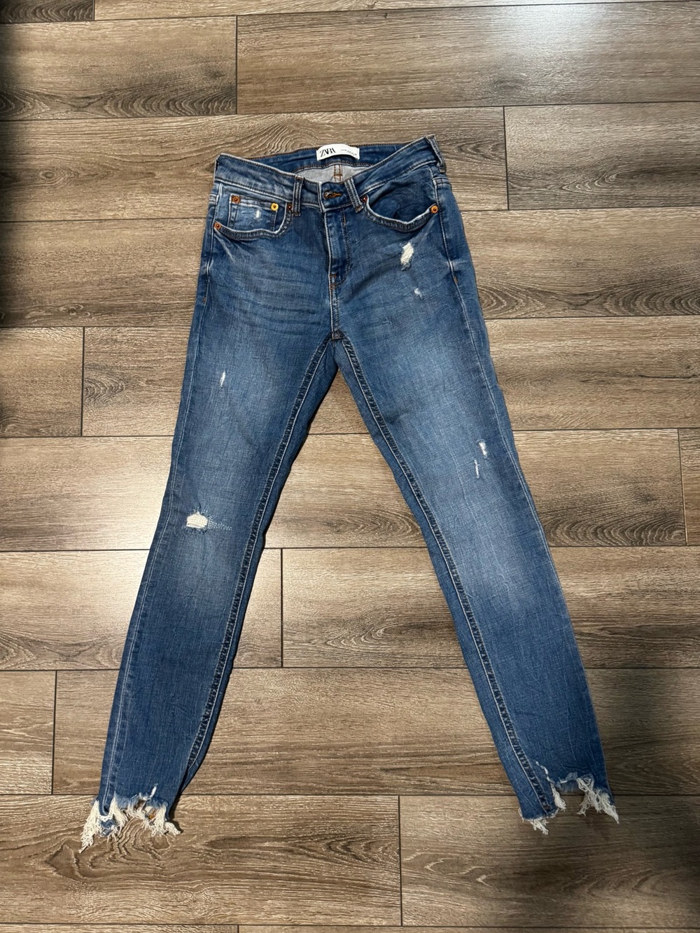 Zara Blue Distressed Skinny Jeans with Frayed Hem